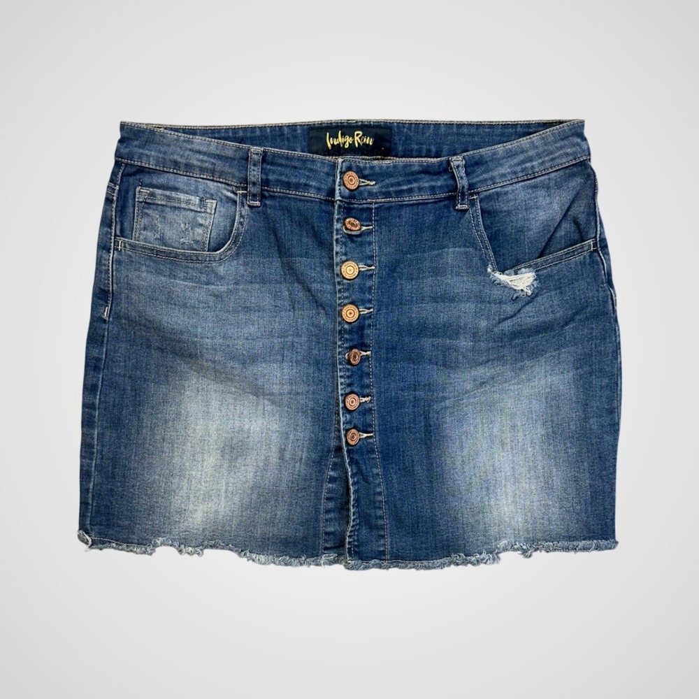 Indigo Rein Denim Mini Skirt Womens 11 Blue Distressed Raw Hem Button Fly